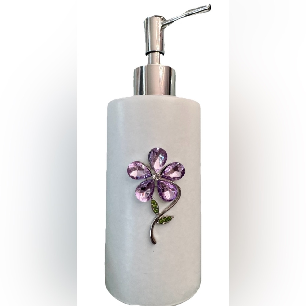 PRIMA DESIGN SPRING SUMMER GLASS BATHROOM SOAP DISPENSER W/JEWELED FLOWER NEW